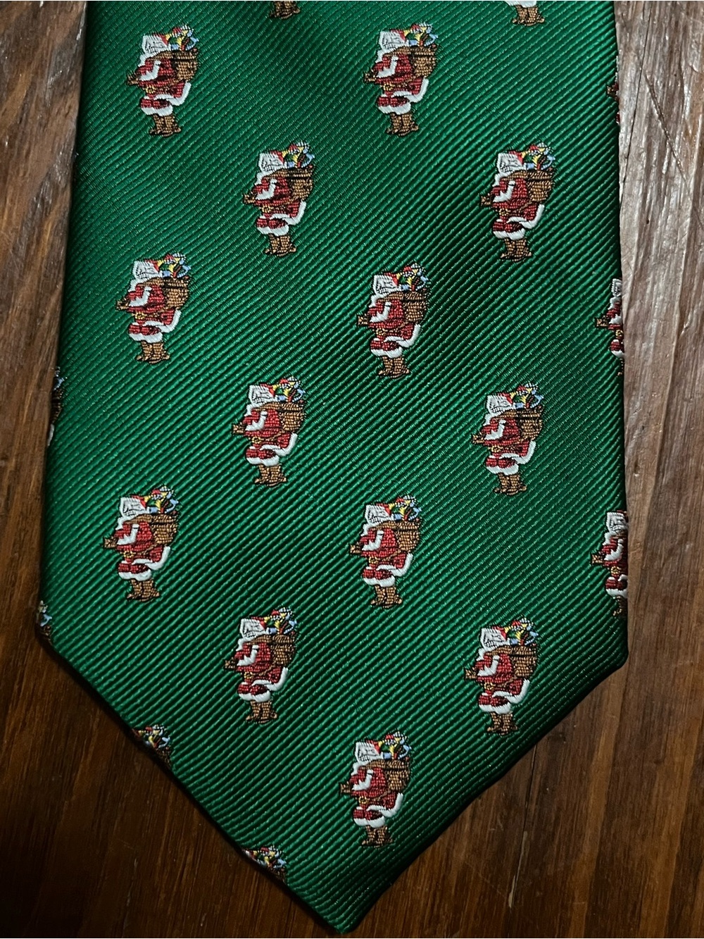 Jos. A. Bank Green Christmas Tie with Red and White Santa Motifsi